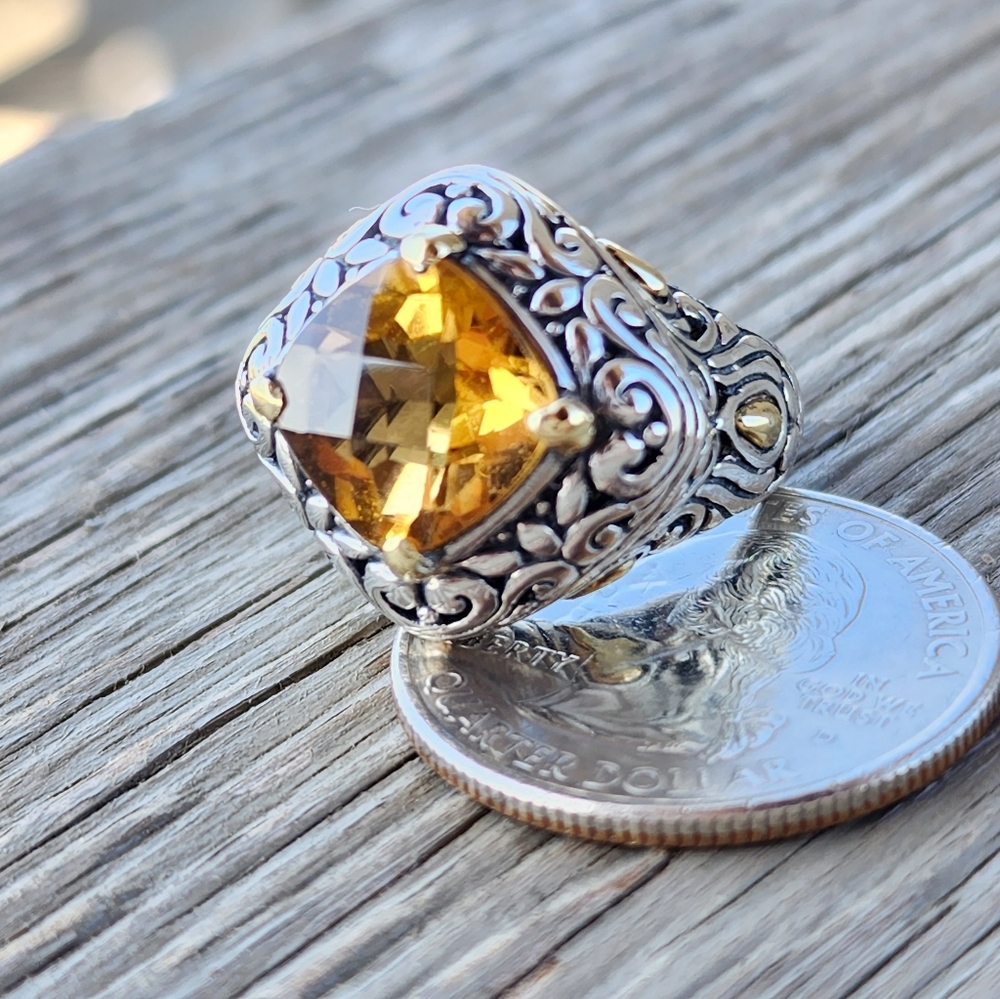 Samuel Benham BJC 925 Sterling Silver and 18k Yellow Gold Citrine Ring Size 6.75